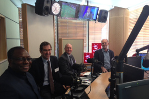 Yemi Akinbamijo, FARA, Nick Austin, ACIAR, Kim Ritman, ABARES and Martin van Ittersum, Wageningen University before their Radio National Bush Telegraph one hour program on food security