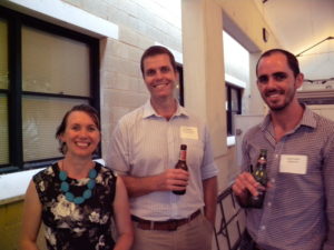 Marijke Fotia, Scope Global; returned AVID volunteer Tim McNaught and Dominic Jenkin, vegetablesWA, at the networking drinks